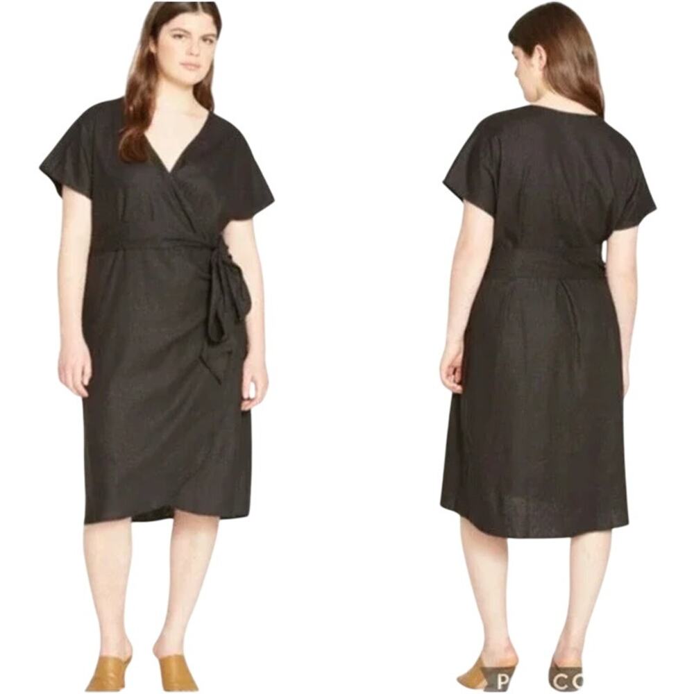Universal Standard Tracy Linen Blend Tulip Wrap Dress Short Sleeve Belted Midi - Picture 2 of 14